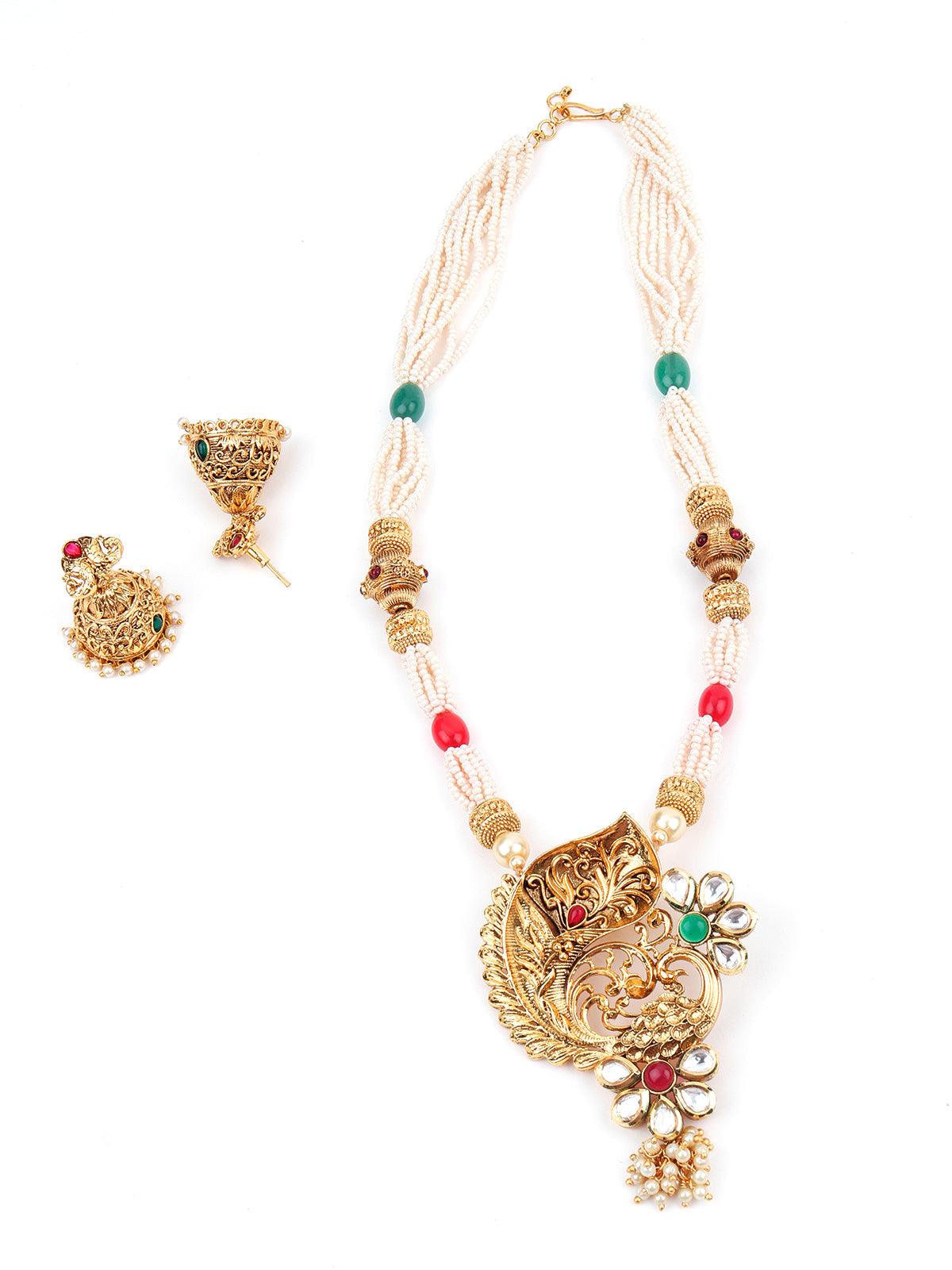 Mystic Gold Tone Pearl-Mani Necklace Set - Rajwada