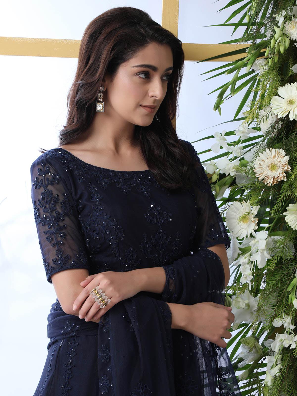 Navy Blue Net Anarkali - Rajwada