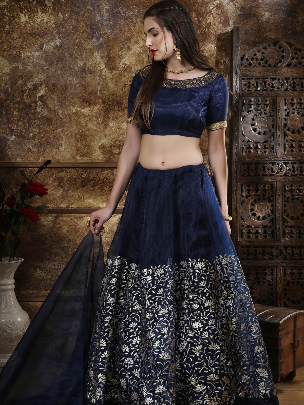 Navy Blue Organza Embroidered Lehenga - Rajwada