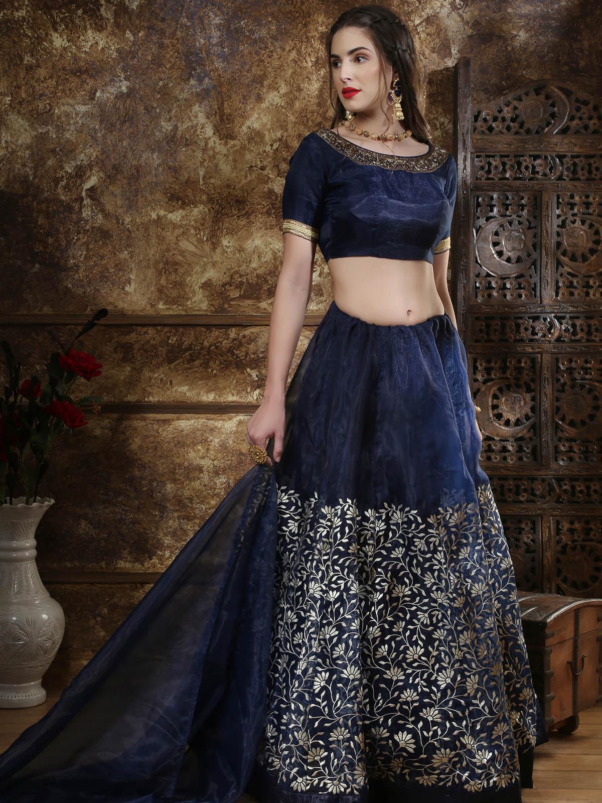Navy Blue Organza Embroidered Lehenga - Rajwada
