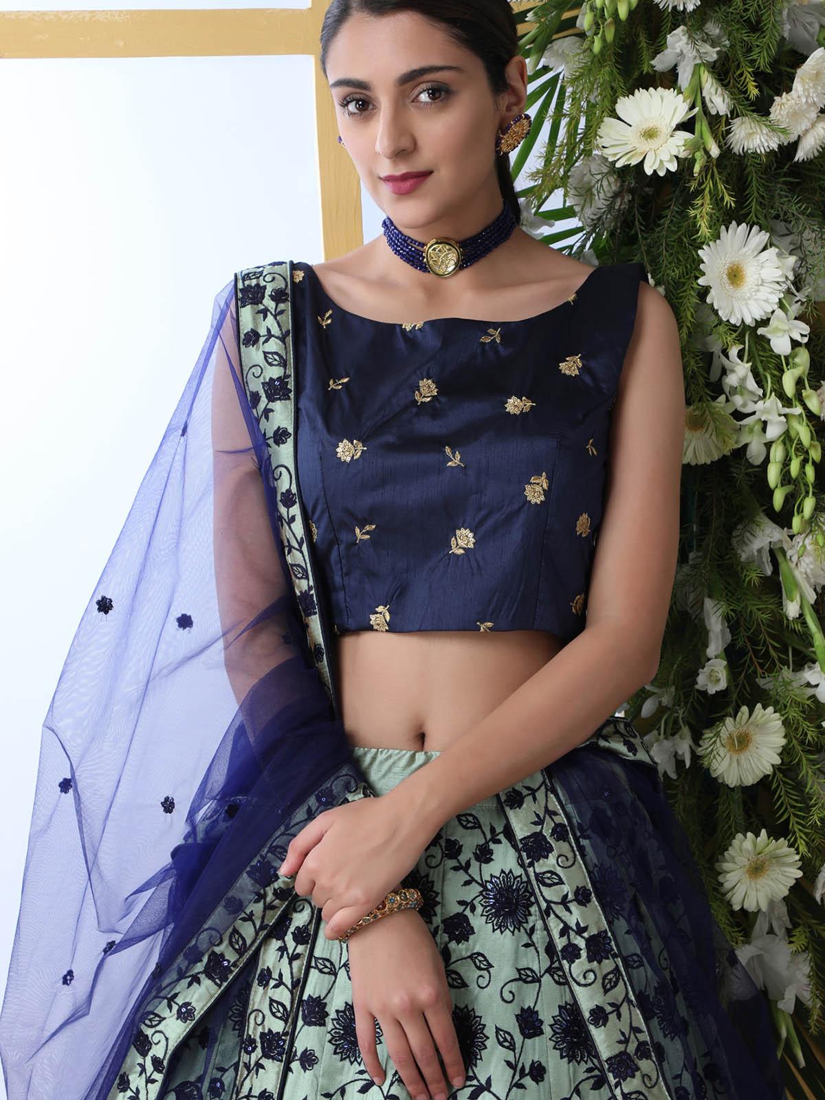 Navy blue Sequins Art Sillk Lehenga Set - Rajwada