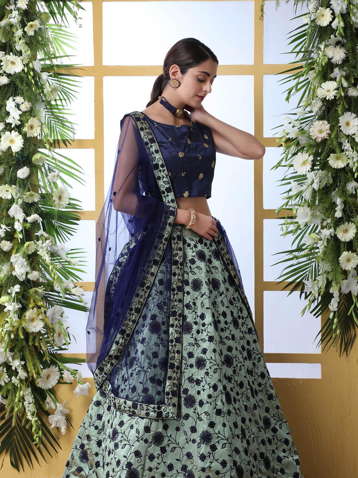 Navy blue Sequins Art Sillk Lehenga Set - Rajwada