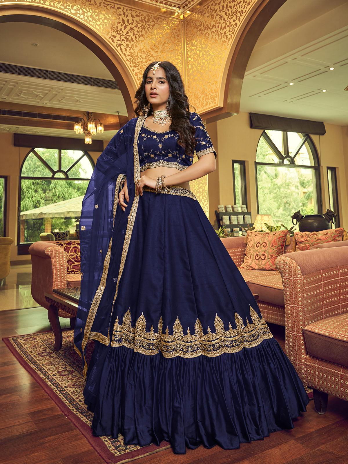 Navy blue Silk and Satin Lehenga Choli - Rajwada