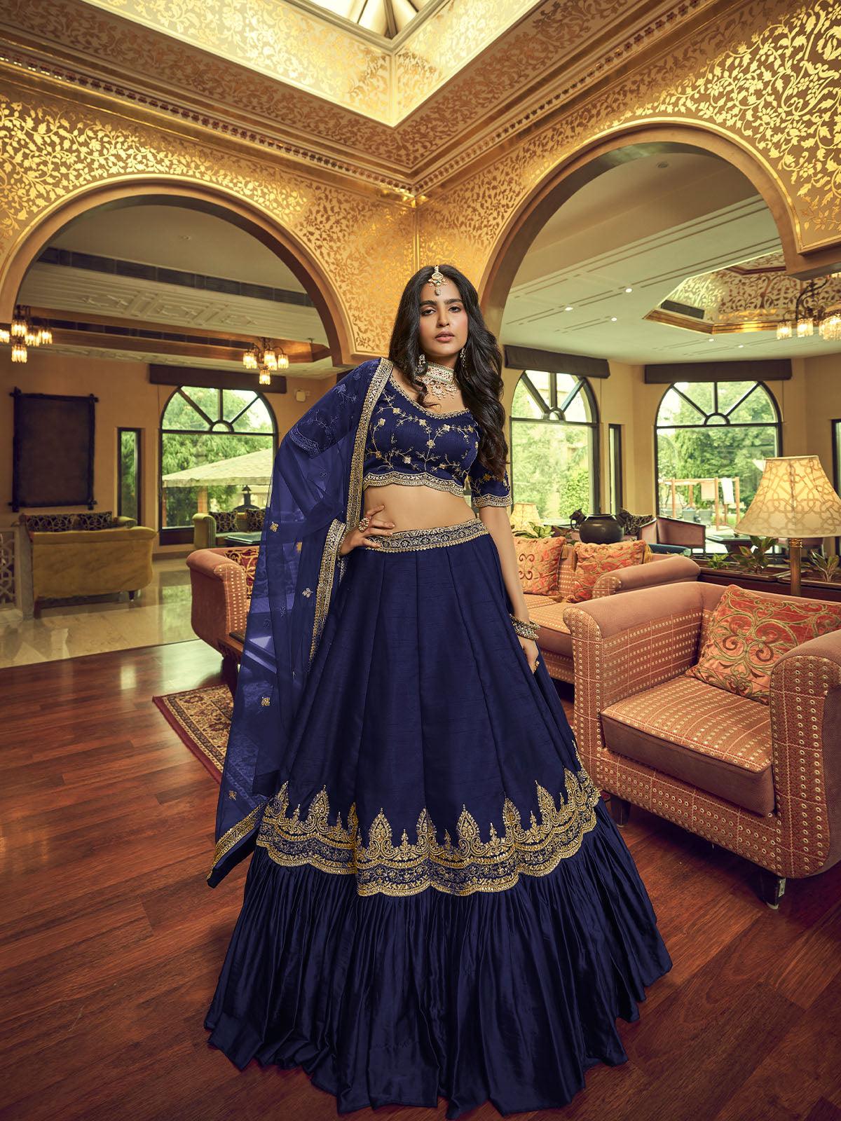 Navy blue Silk and Satin Lehenga Choli - Rajwada