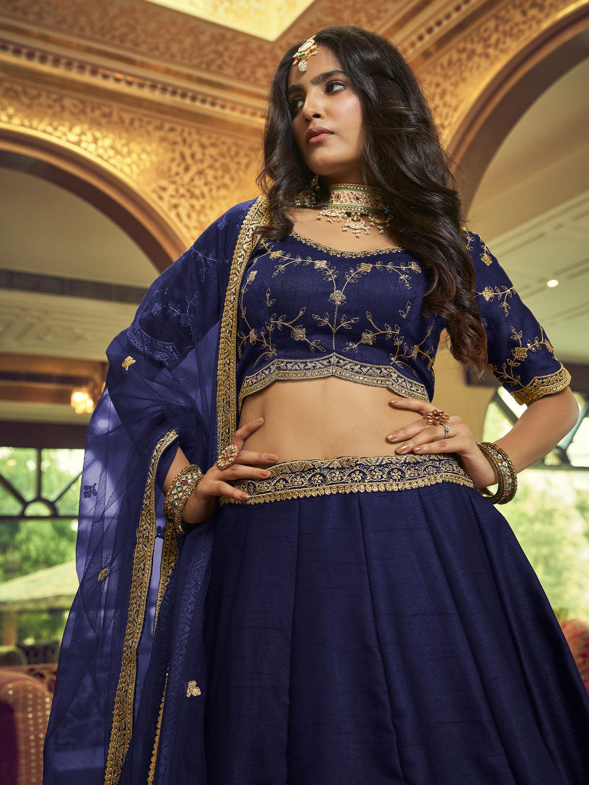Navy blue Silk and Satin Lehenga Choli - Rajwada