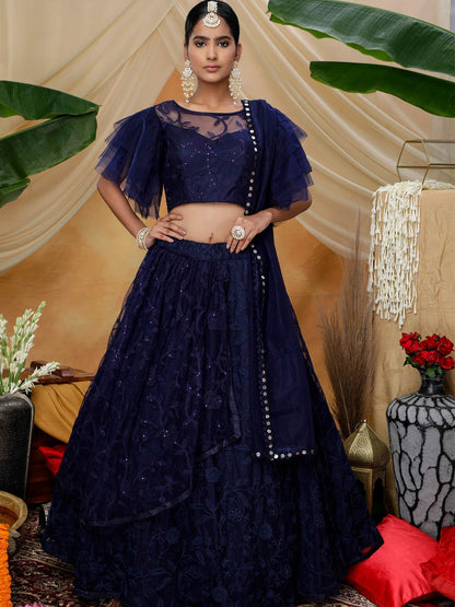 Navy Sequins Net Lehenga Set - Rajwada