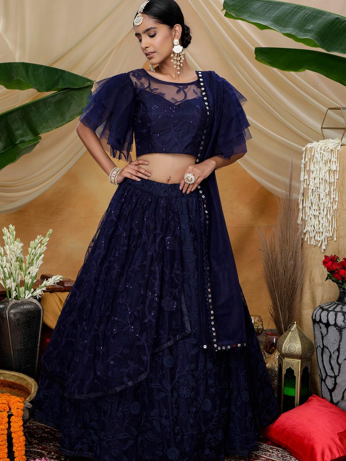 Navy Sequins Net Lehenga Set - Rajwada