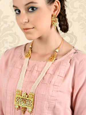 Netted Pattern Gold Tone Kundan-Pearl Necklace Set - Rajwada