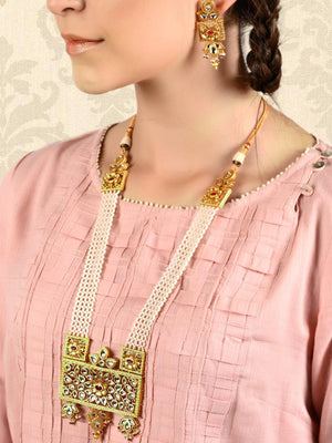 Netted Pattern Gold Tone Kundan-Pearl Necklace Set - Rajwada