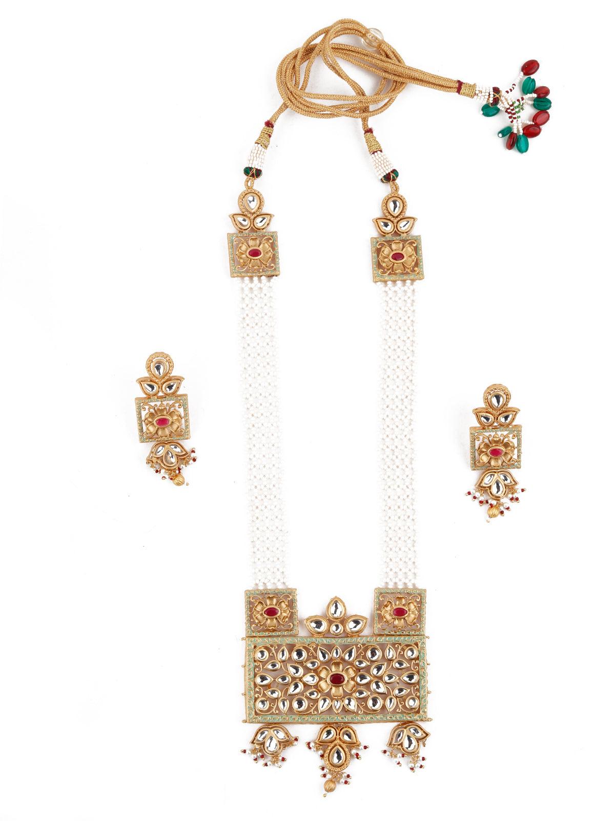 Netted Pattern Gold Tone Kundan-Pearl Necklace Set - Rajwada