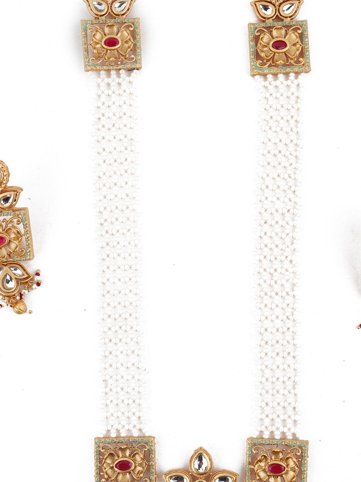 Netted Pattern Gold Tone Kundan-Pearl Necklace Set - Rajwada