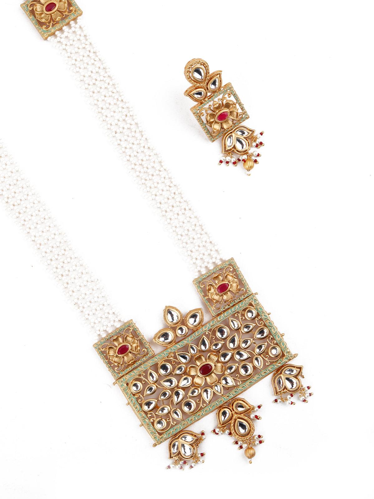 Netted Pattern Gold Tone Kundan-Pearl Necklace Set - Rajwada