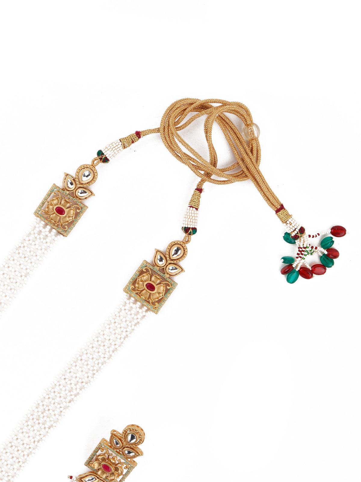 Netted Pattern Gold Tone Kundan-Pearl Necklace Set - Rajwada