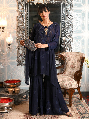 Rajwada Women Navy Blue Georgette Chikankari Embroidered Stitched Sharara Set