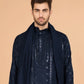 Rajwada Navy Blue Viscose Silk Sequins Stitched Kurta For Men