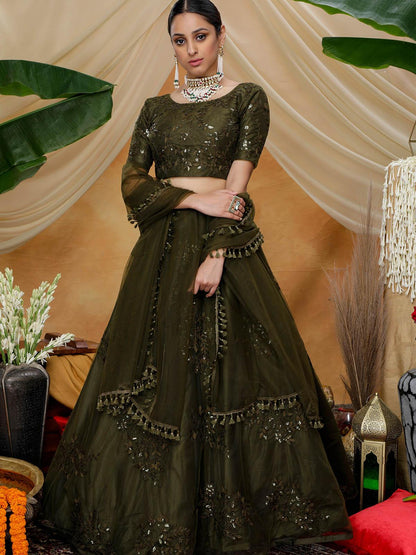 Olive Sequins Net Lehenga Set - Rajwada