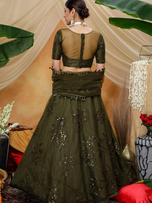 Olive Sequins Net Lehenga Set - Rajwada