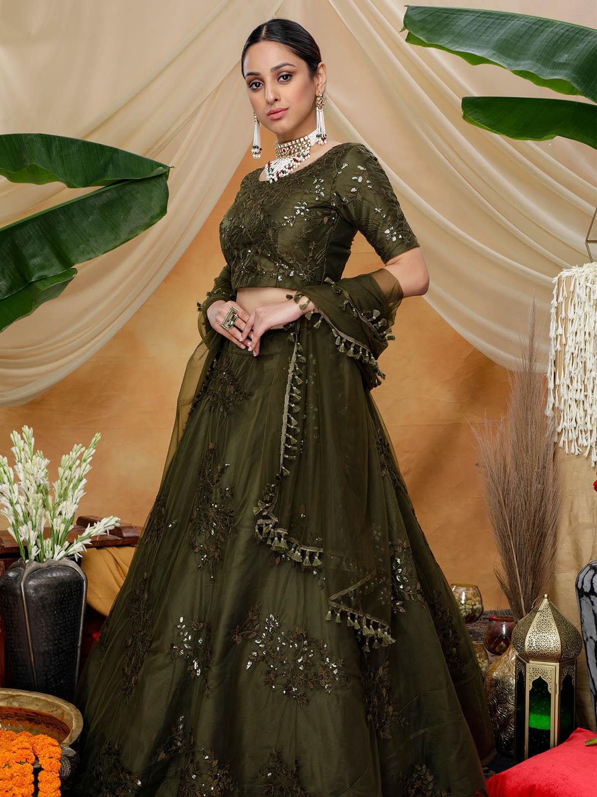 Olive Sequins Net Lehenga Set - Rajwada