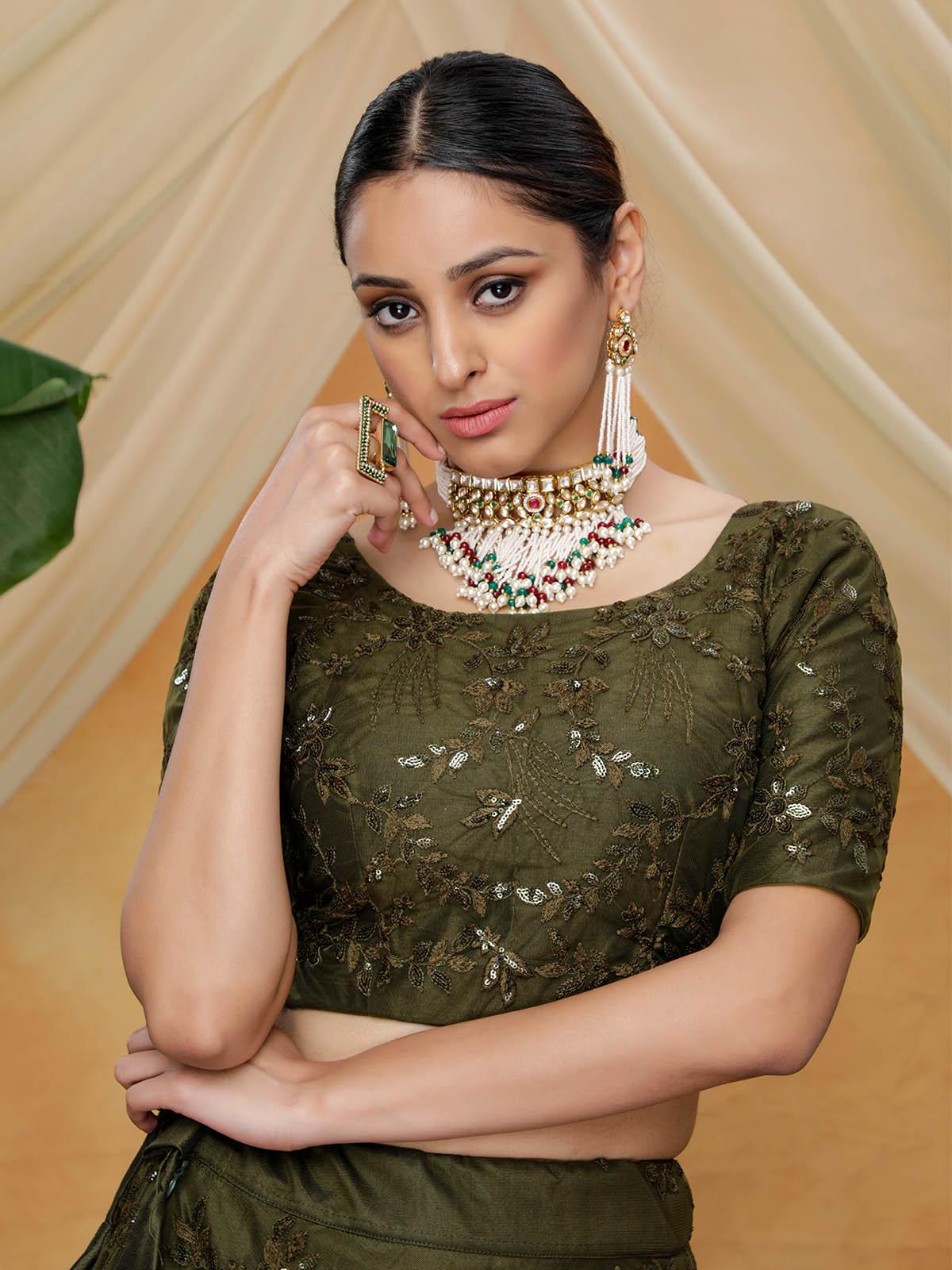Olive Sequins Net Lehenga Set - Rajwada