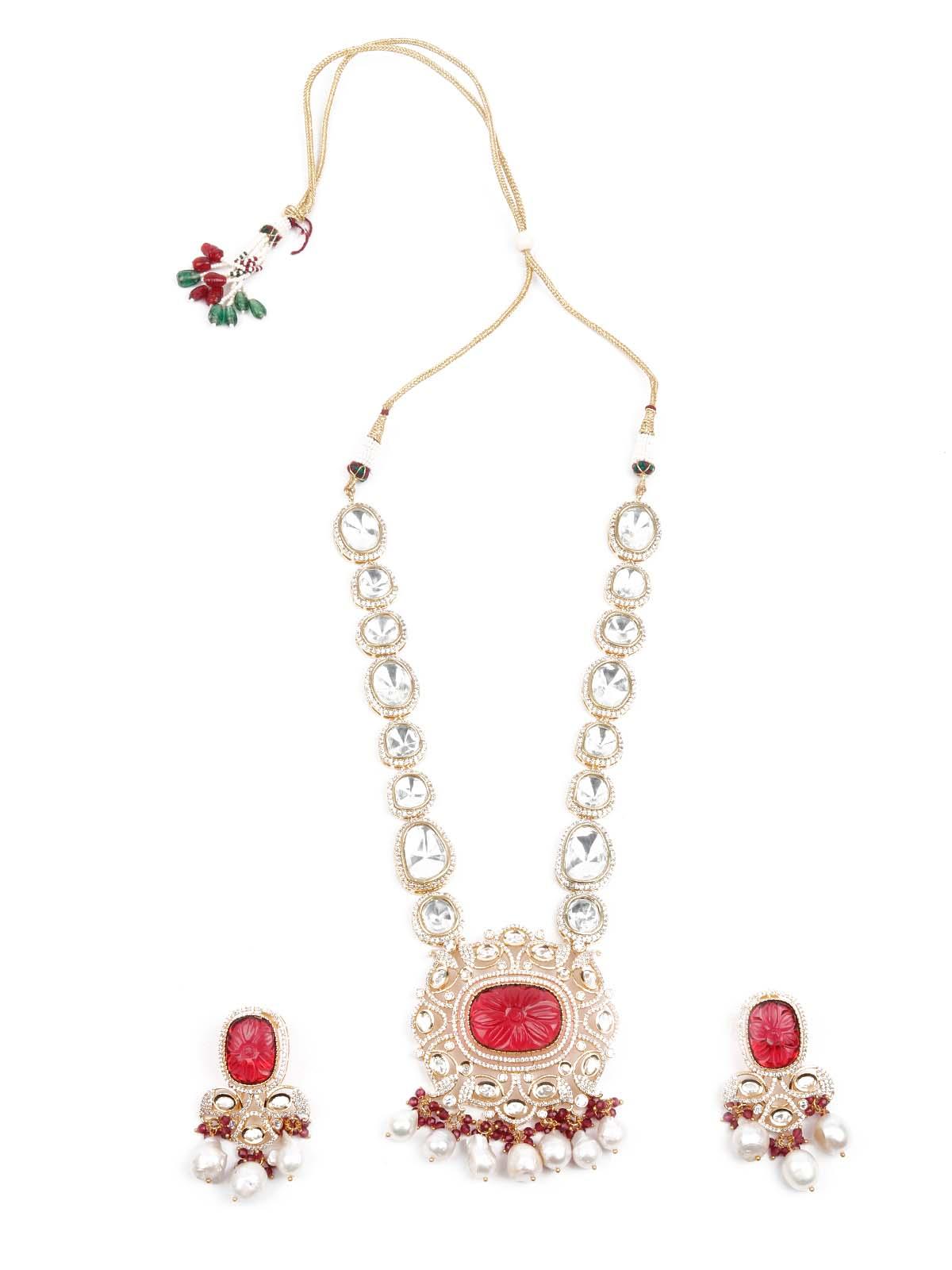 Opulant Red and White Embellished Long Necklace Set - Rajwada