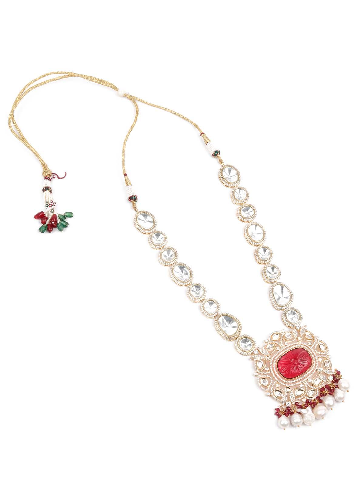 Opulant Red and White Embellished Long Necklace Set - Rajwada
