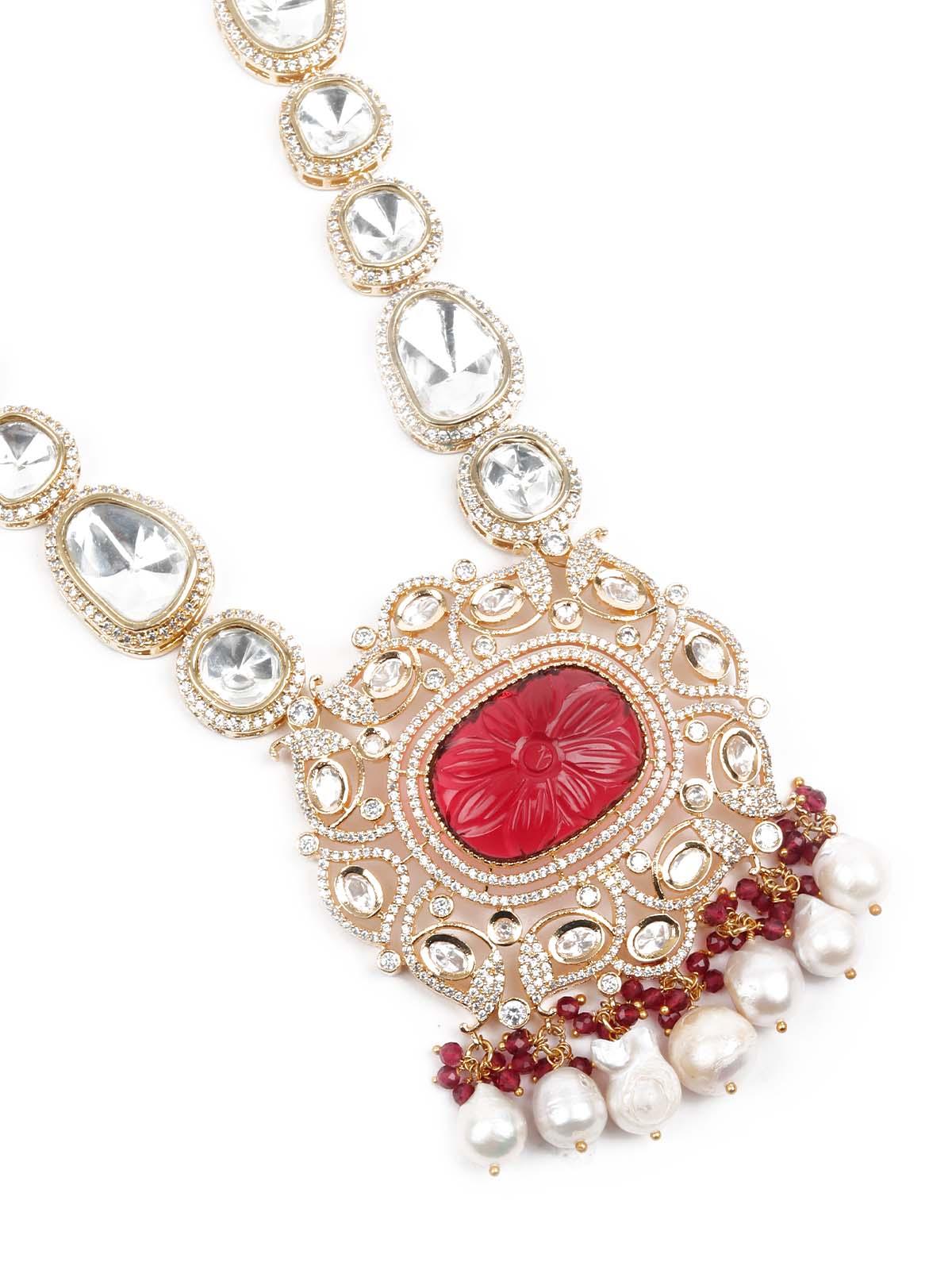 Opulant Red and White Embellished Long Necklace Set - Rajwada