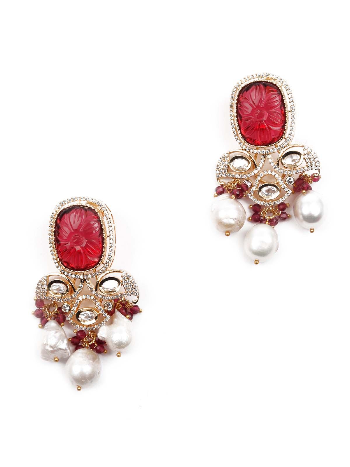 Opulant Red and White Embellished Long Necklace Set - Rajwada