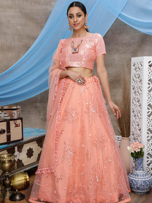 Orange Sequins Net Lehenga Set - Rajwada