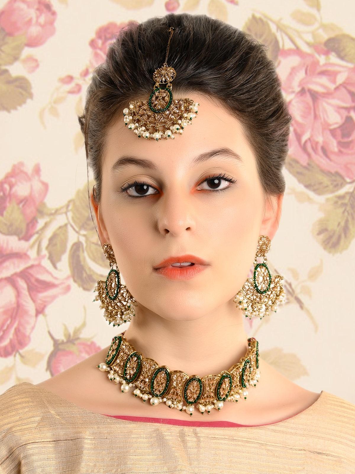 Oval Shape Rich Gold Tone Green Choker Set - Rajwada