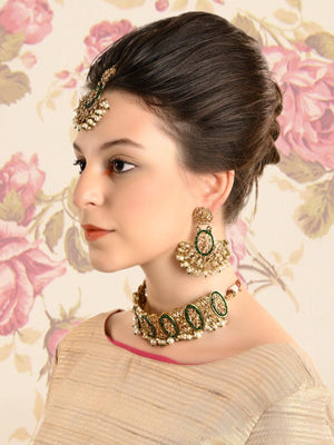 Oval Shape Rich Gold Tone Green Choker Set - Rajwada