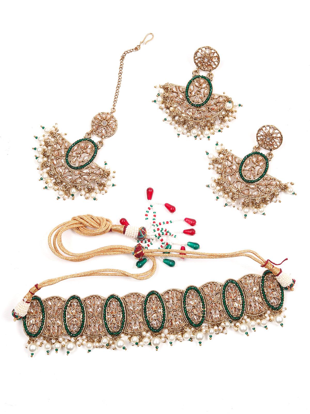 Oval Shape Rich Gold Tone Green Choker Set - Rajwada