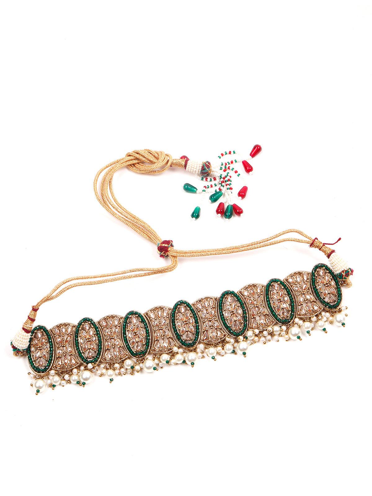 Oval Shape Rich Gold Tone Green Choker Set - Rajwada