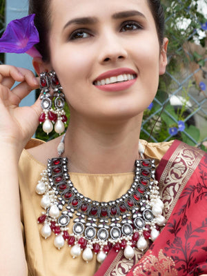 Oxidised Red Beaded Necklace With Earrings. - Rajwada