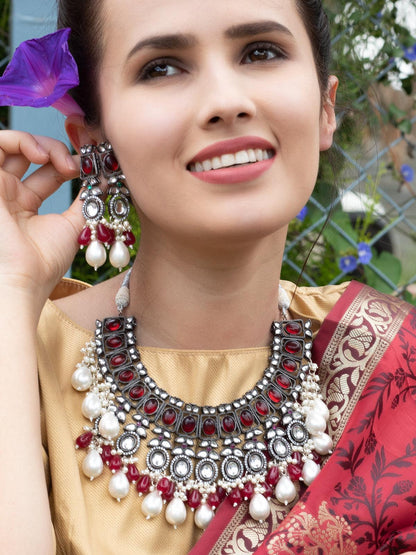 Oxidised Red Beaded Necklace With Earrings. - Rajwada