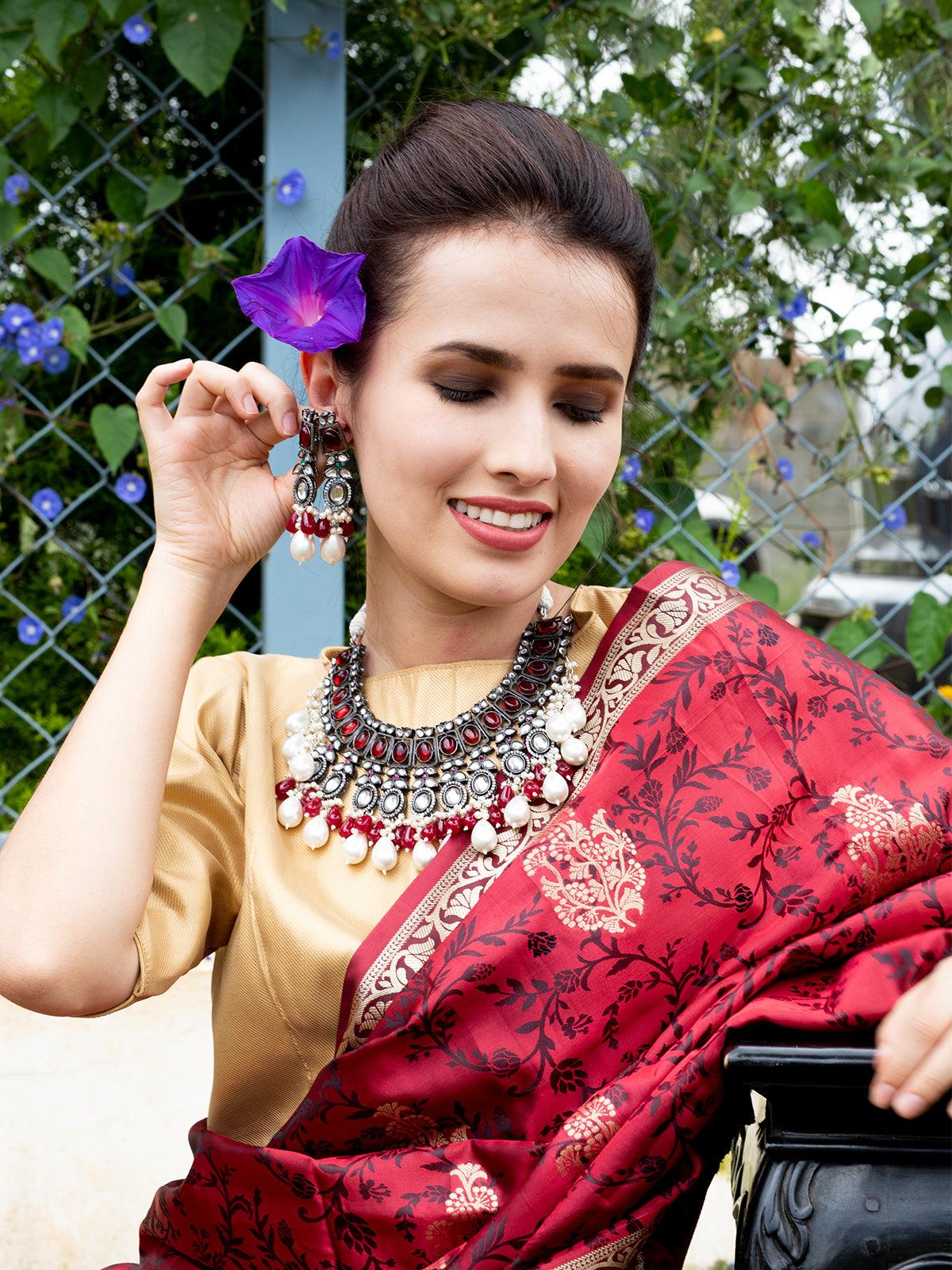 Oxidised Red Beaded Necklace With Earrings. - Rajwada