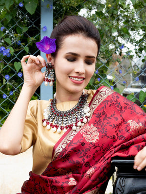 Oxidised Red Beaded Necklace With Earrings. - Rajwada