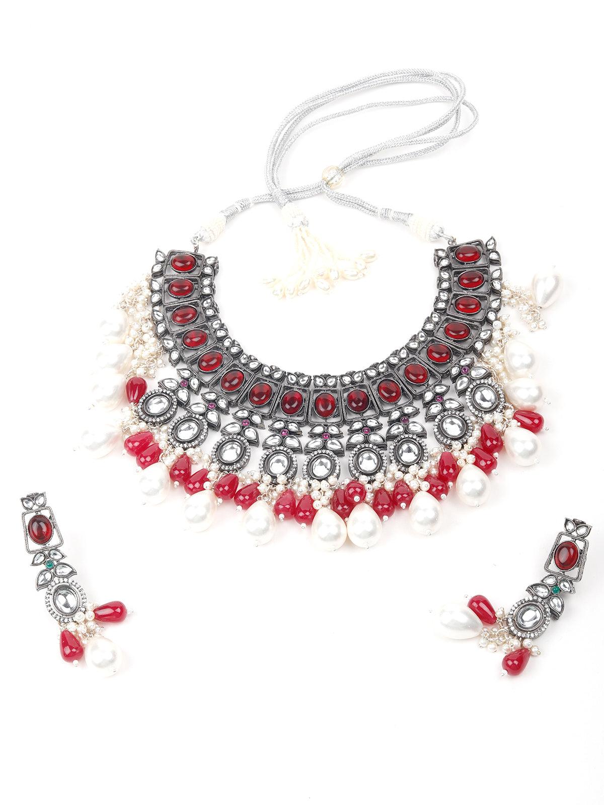 Oxidised Red Beaded Necklace With Earrings. - Rajwada