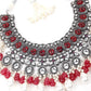 Oxidised Red Beaded Necklace With Earrings. - Rajwada