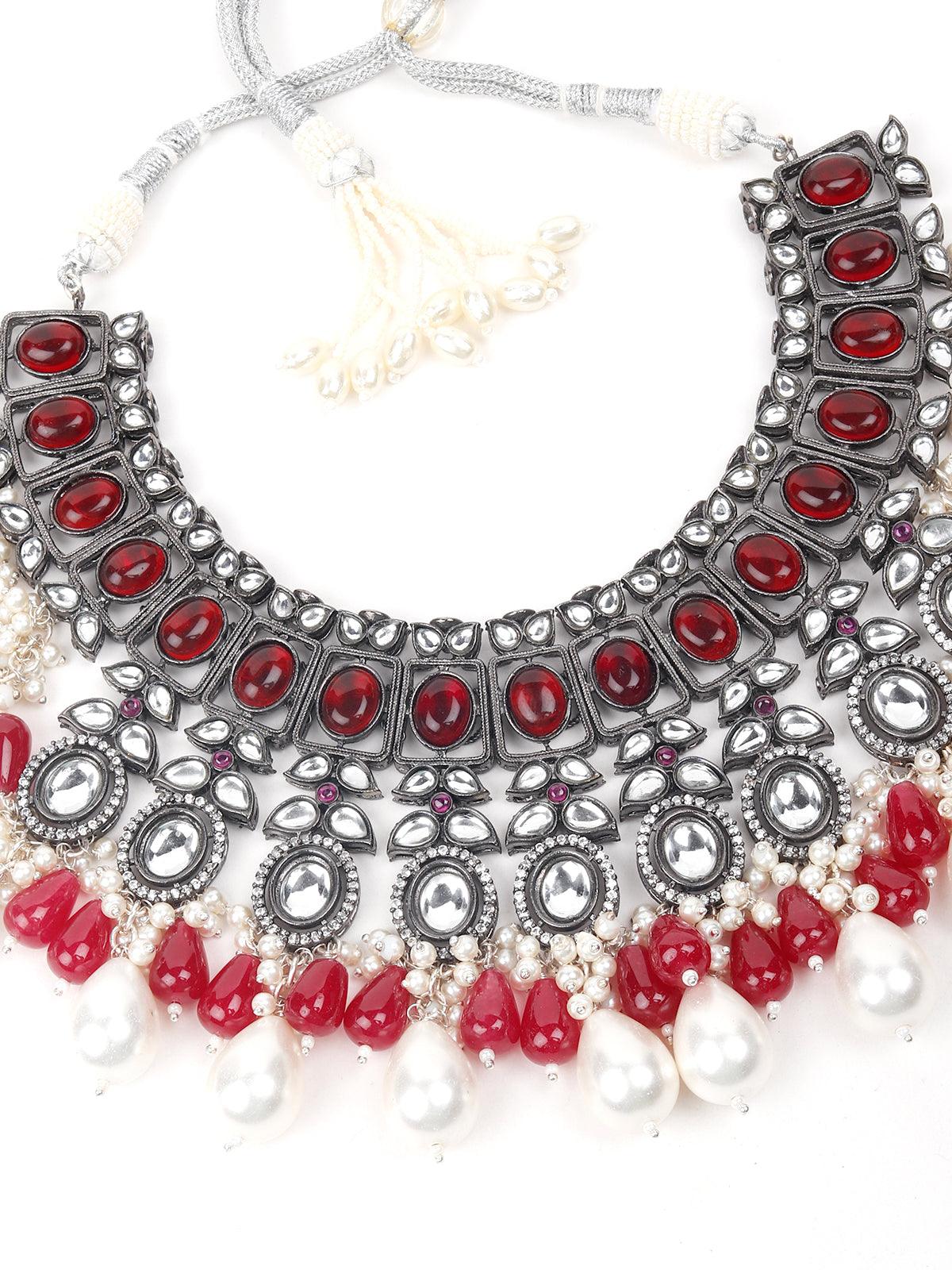 Oxidised Red Beaded Necklace With Earrings. - Rajwada