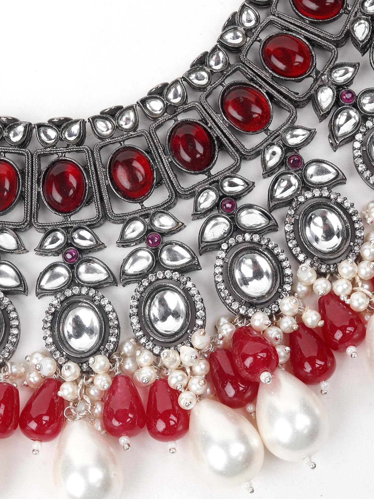 Oxidised Red Beaded Necklace With Earrings. - Rajwada
