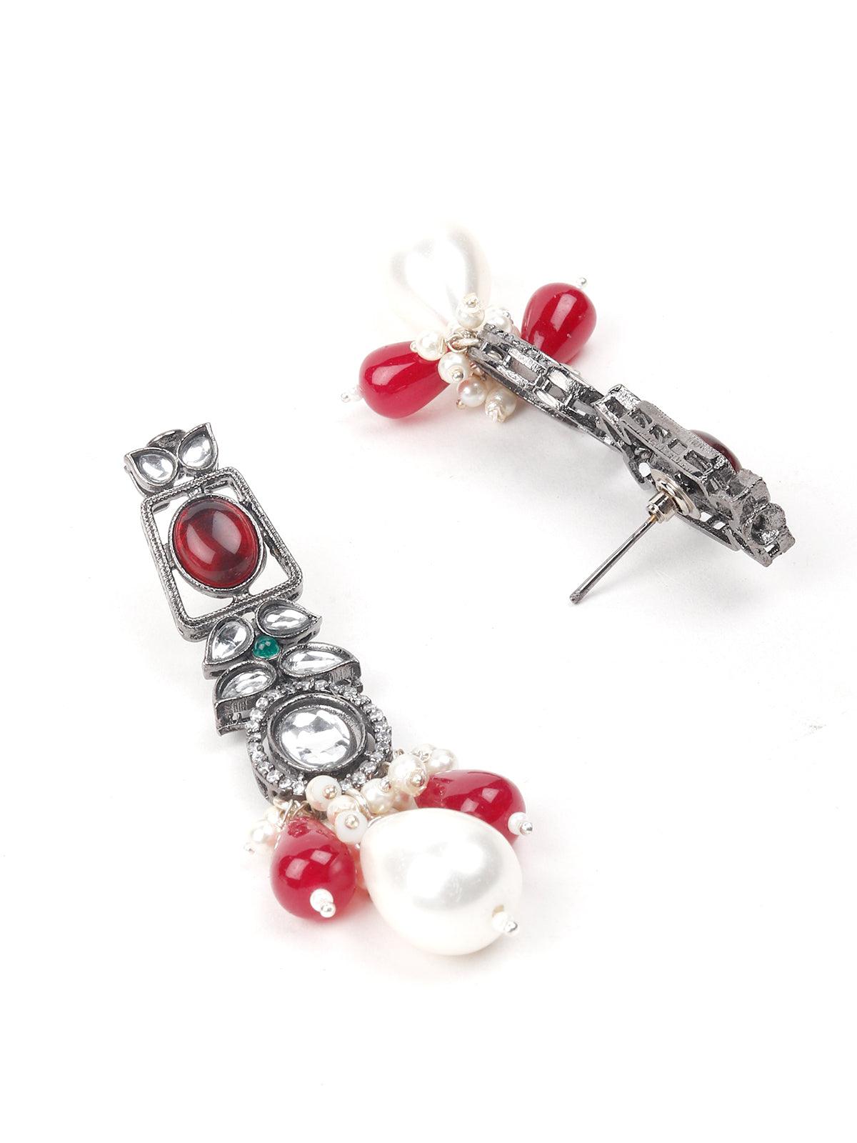 Oxidised Red Beaded Necklace With Earrings. - Rajwada