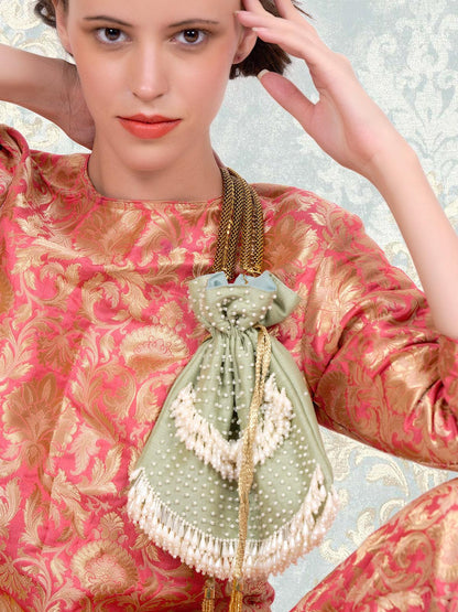 Parrot-green potli with pearls - Rajwada