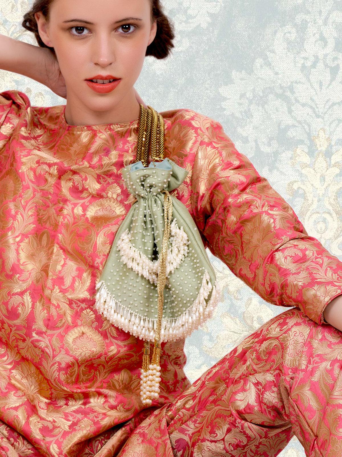 Parrot-green potli with pearls - Rajwada
