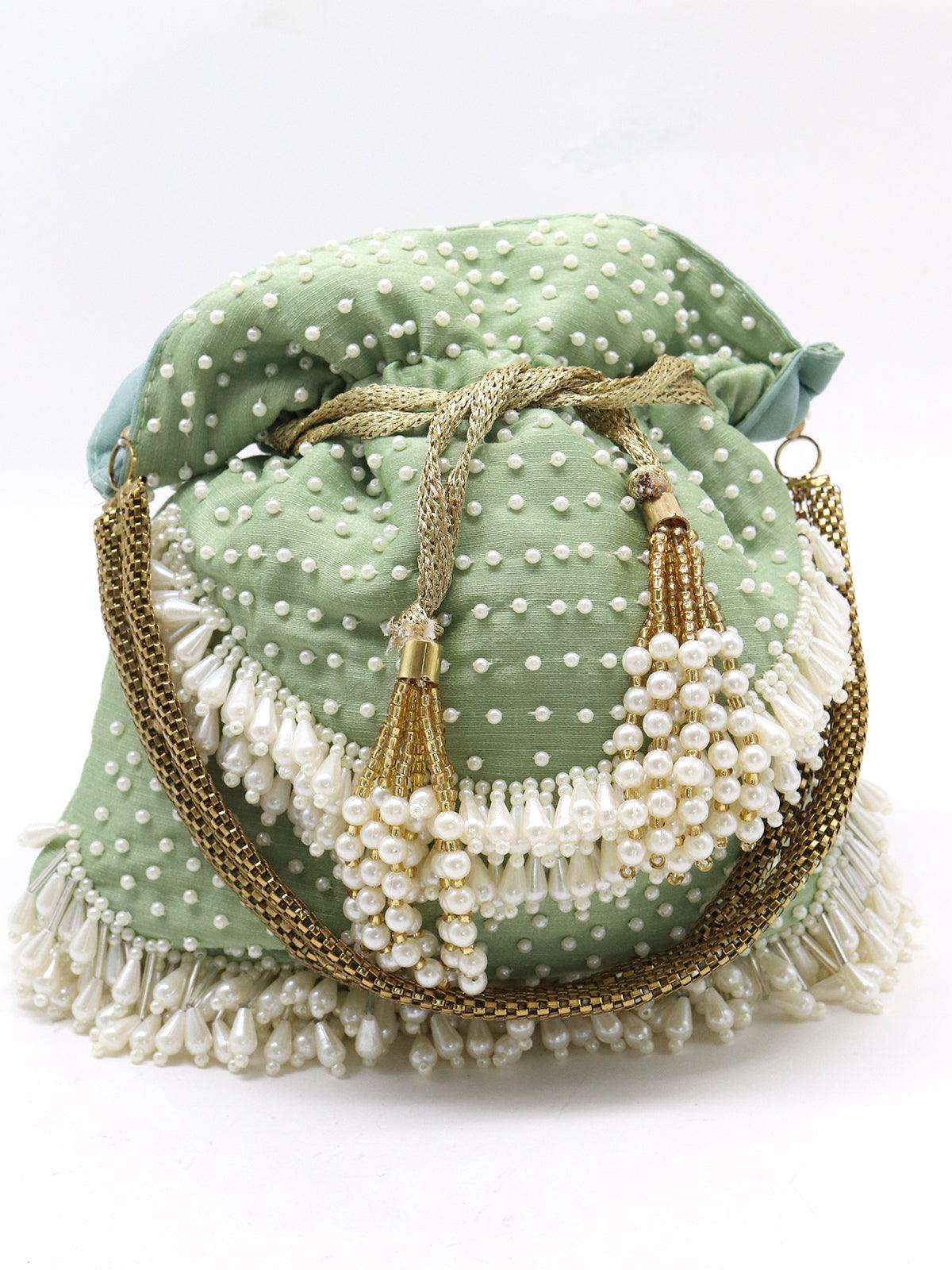 Parrot-green potli with pearls - Rajwada