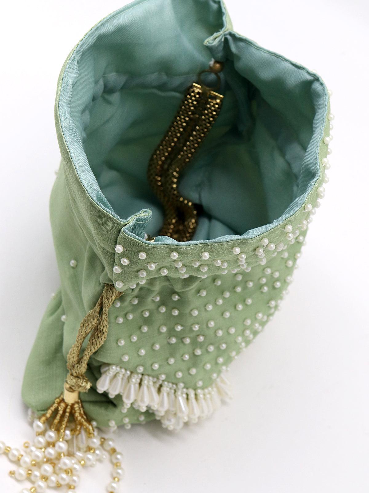 Parrot-green potli with pearls - Rajwada