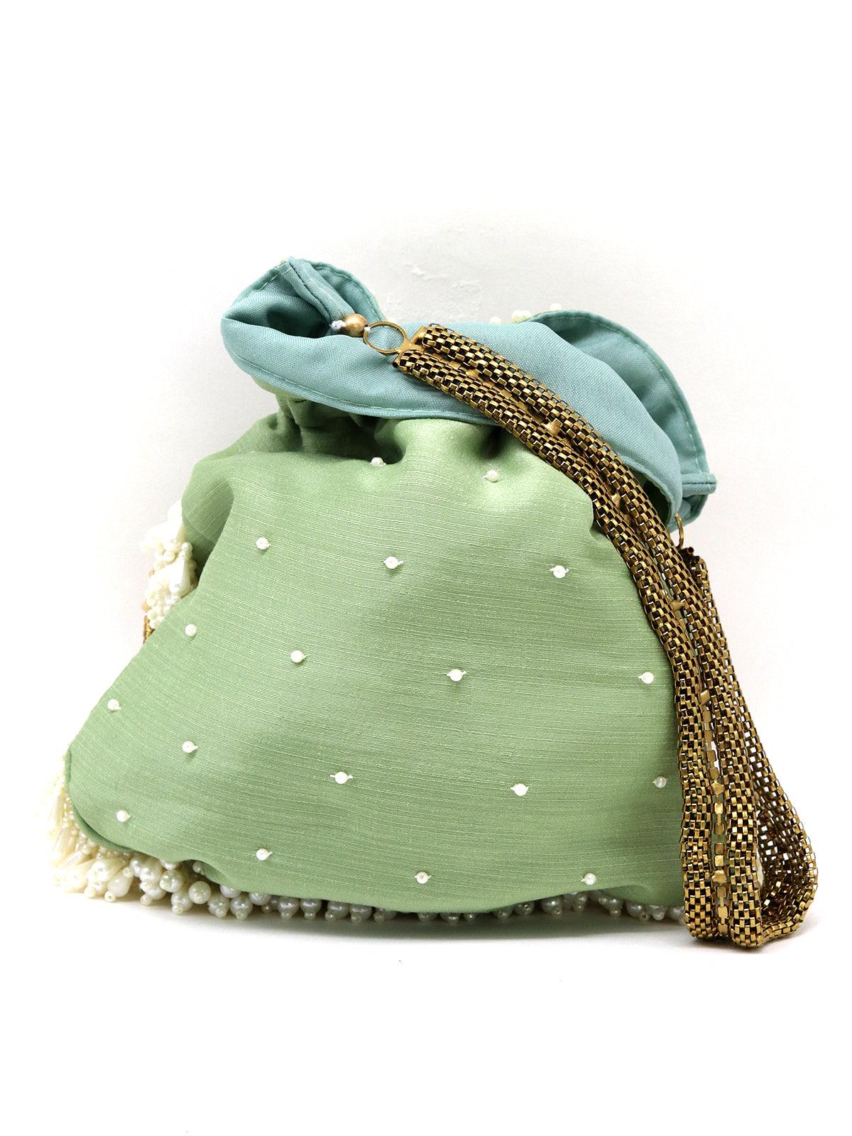 Parrot-green potli with pearls - Rajwada