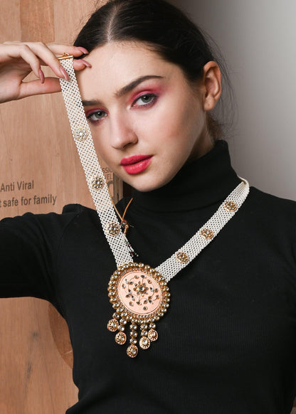 Pastel Pink Trendy Kundan Necklace Set - Rajwada