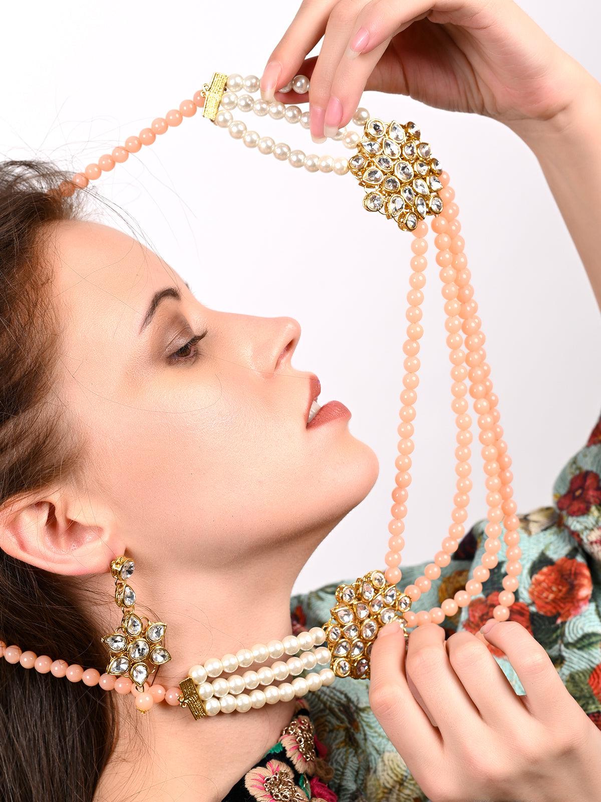 Peach and regular faux pearl necklace with earrings - Rajwada