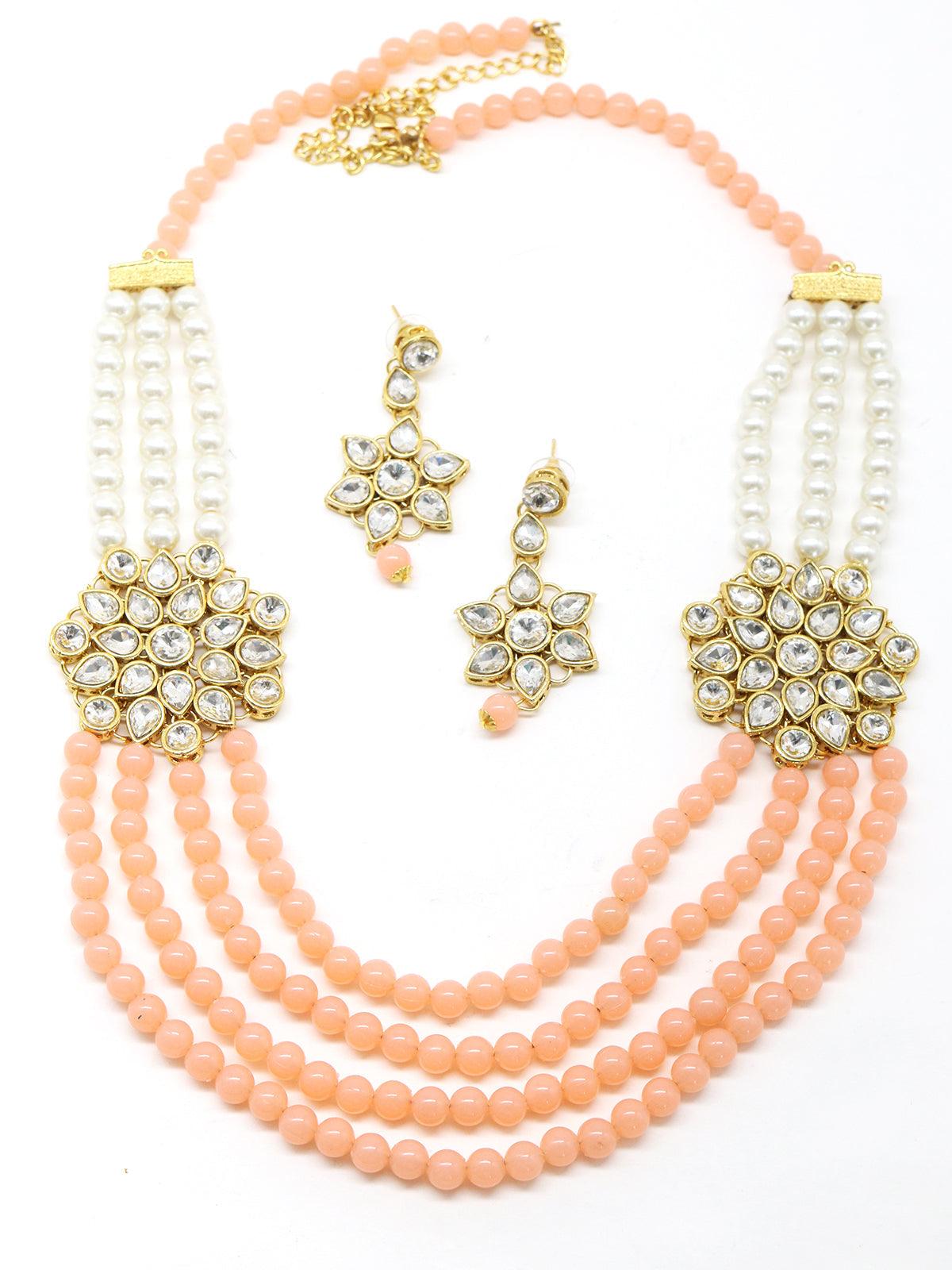 Peach and regular faux pearl necklace with earrings - Rajwada