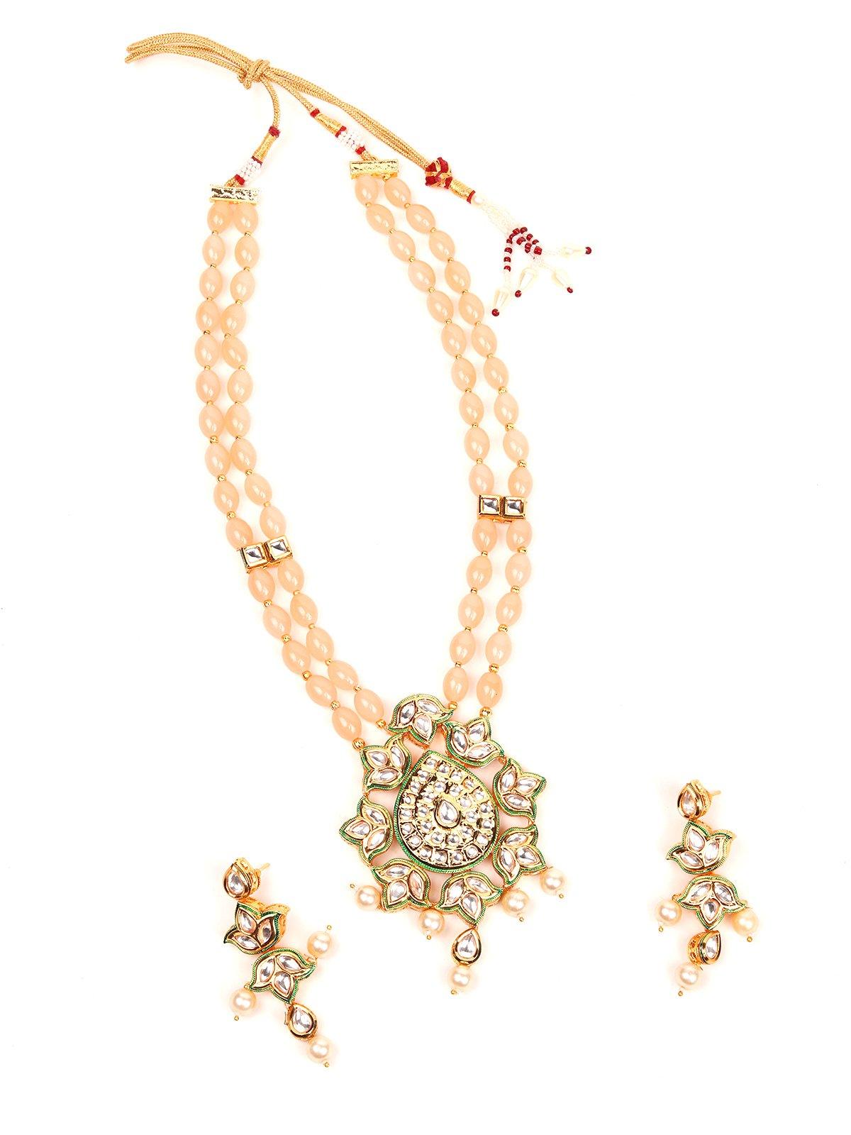 Peach beaded pendant necklace set - Rajwada